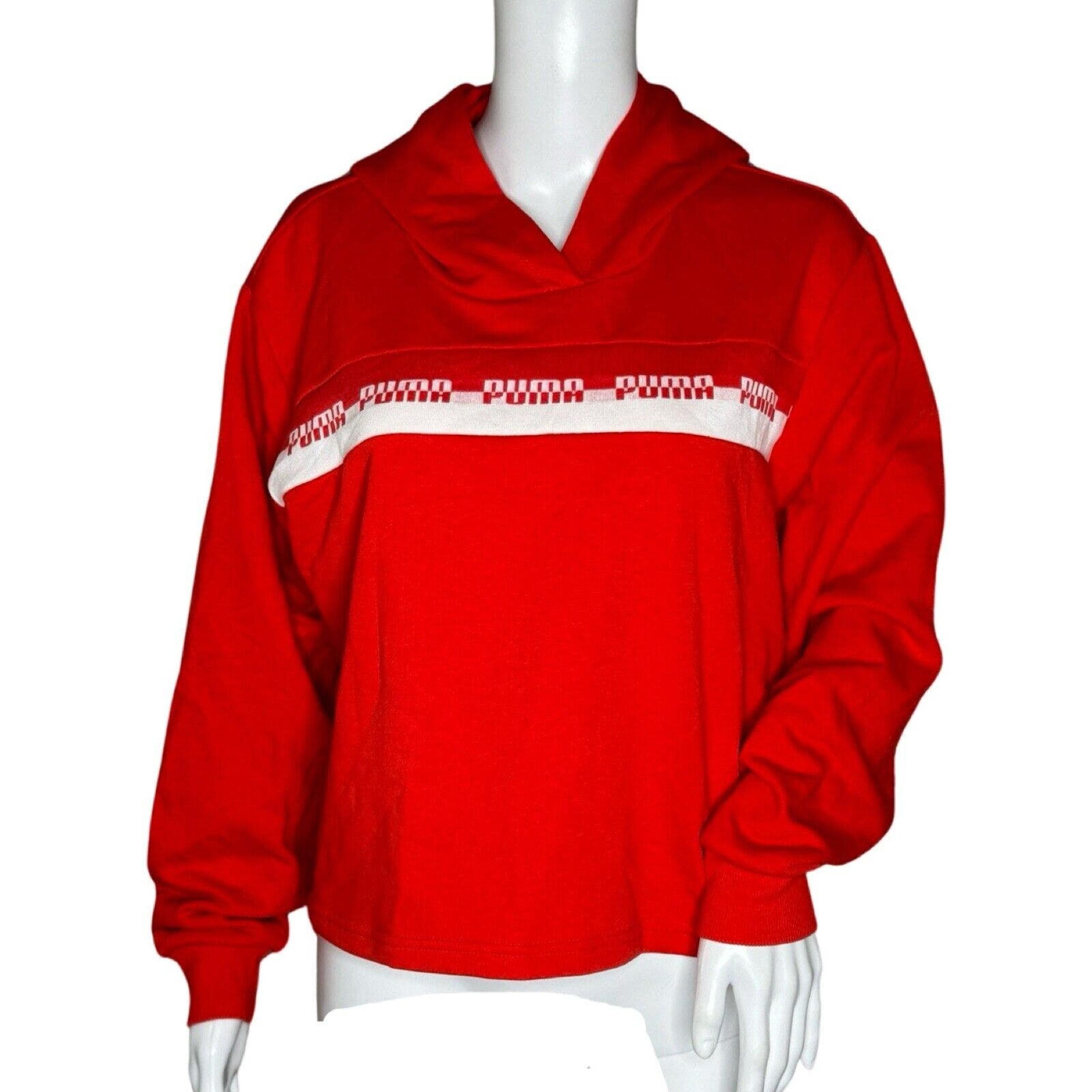 Puma Sweatshirt Women Large Red White Amplified Crop Hoodie Casual Athleisure