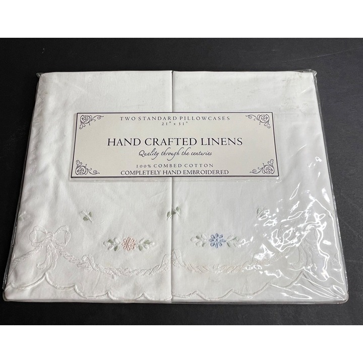 NEW Cotton Embroidered Standard Pillowcases Pair 2 White Floral Scalloped Edge