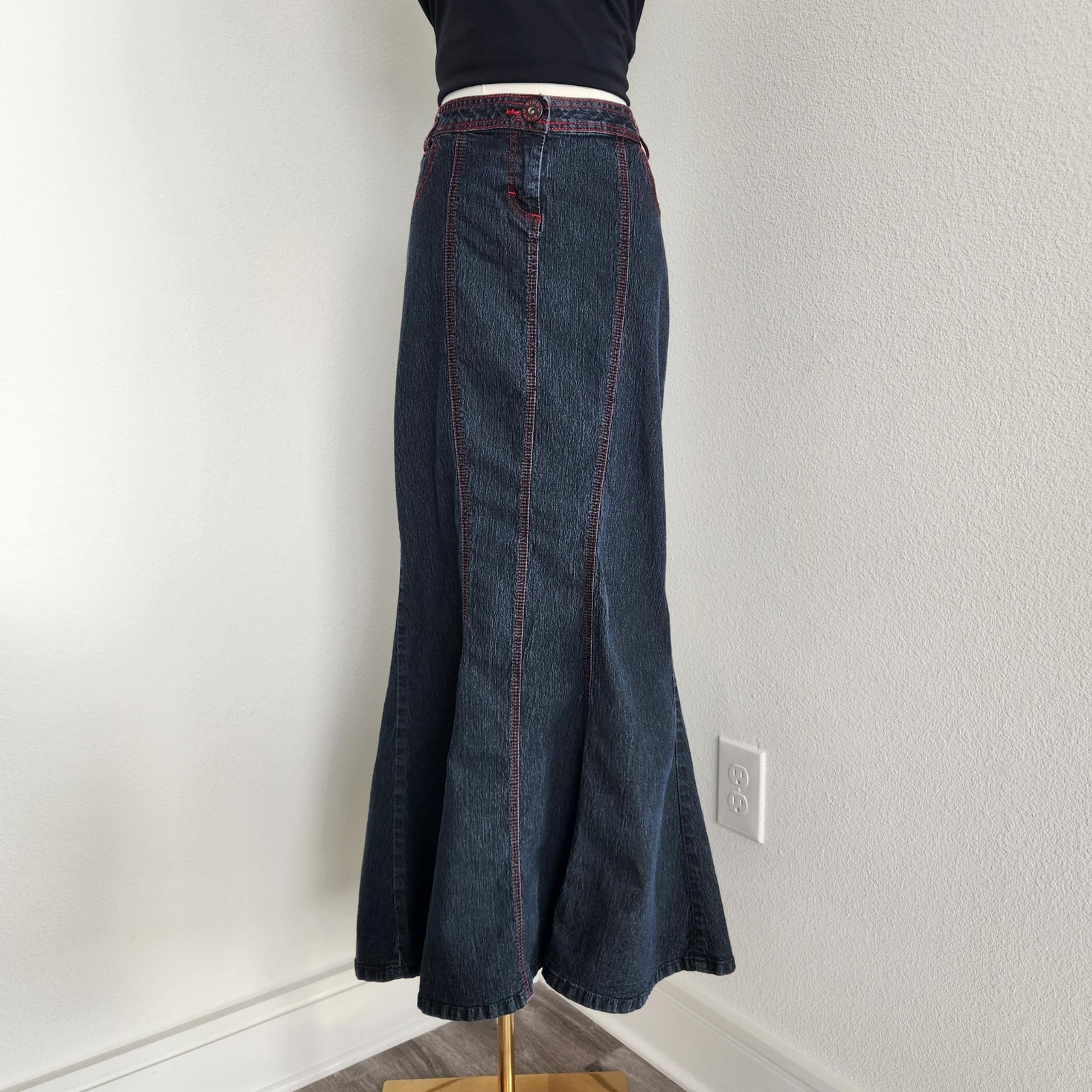 Vintage Y2K Bisou Bisou Dark Denim Low Rise Mermaid Maxi Skirt 2