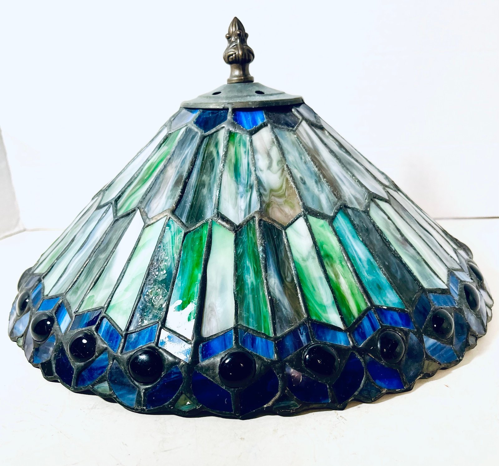 Tiffany Style Jeweled Peacock Lamp Shade W/ Finial Leaded Slag Glass Large