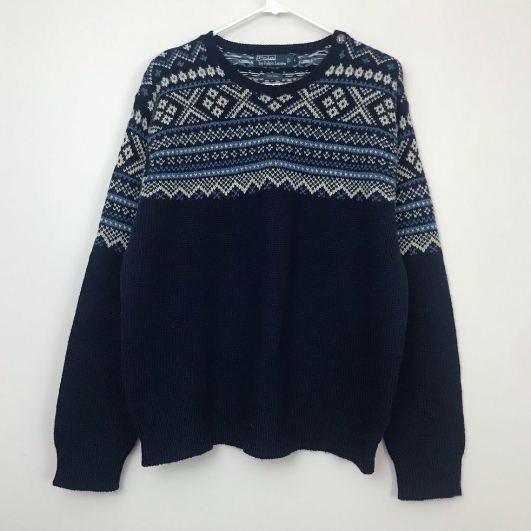100% Wool Polo by Ralph Lauren Navy Blue Crewneck Yoke Pattern Sweater Sz Large