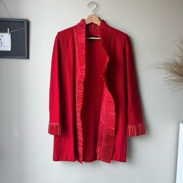 St. John Solid Red Pleated Long Sleeve Knit Cardigan Sweater Size 2