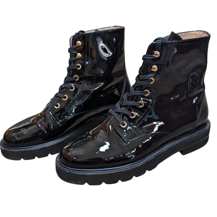 Stuart Weitzman Mila Lug Sole Black Patent Leather Combat Boot Lace Up 6.5