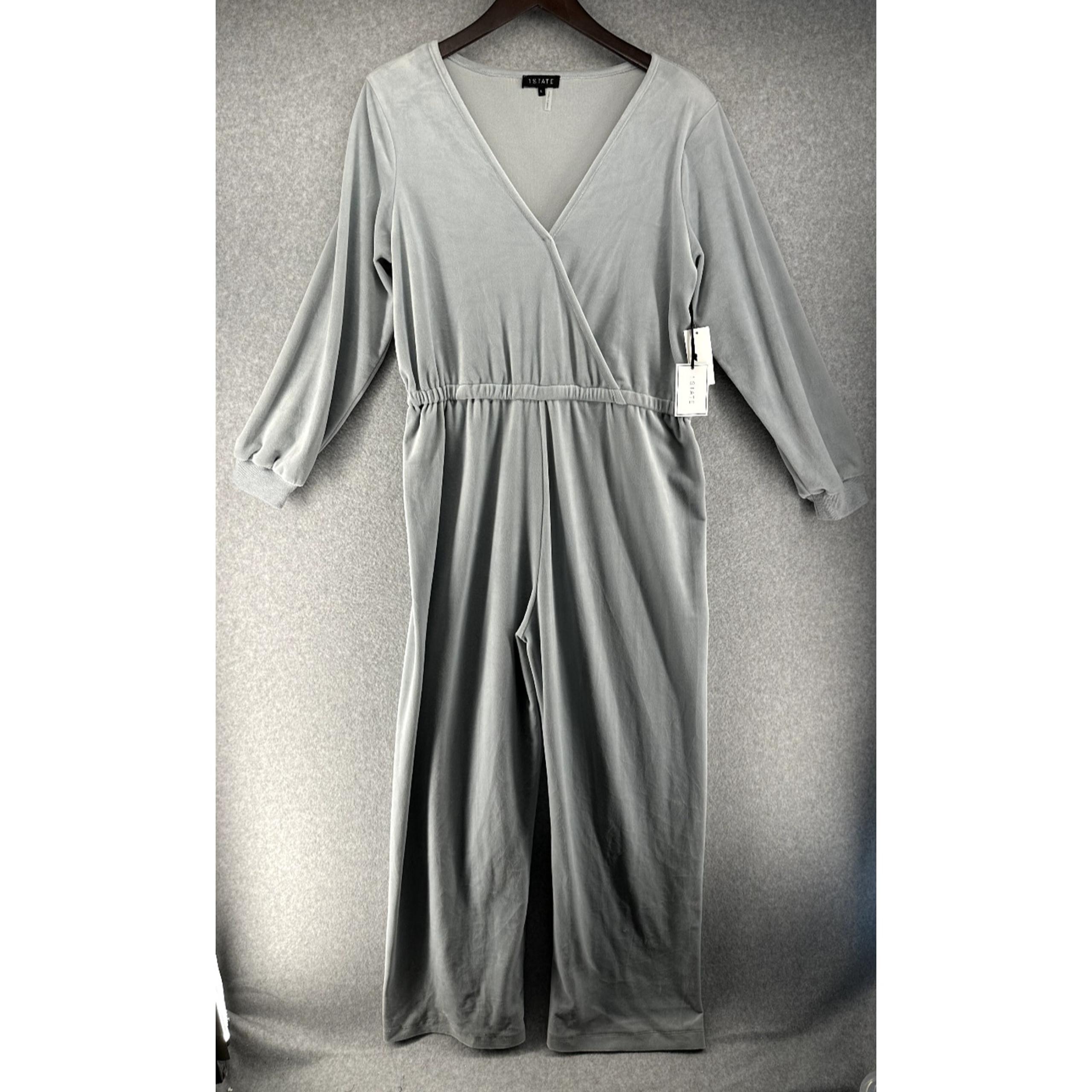 1. State Womens Jumpsuit Size L Light Gray V-Neck w Stretch and Shoulder Pads
