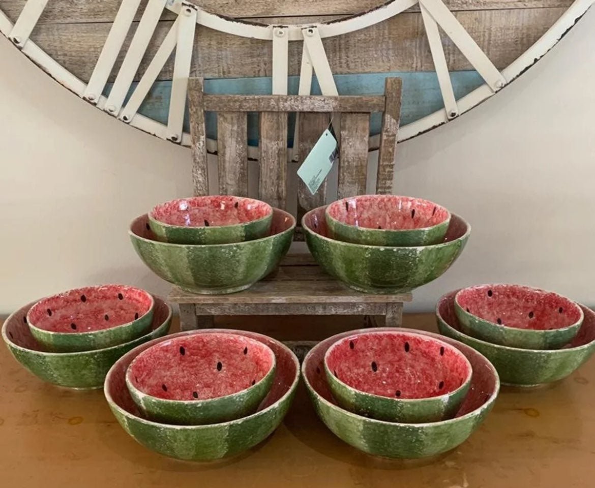 12 Ceramic Hand Painted Watermelon Bowls ! made in Portugal 6 large bowls 6 med