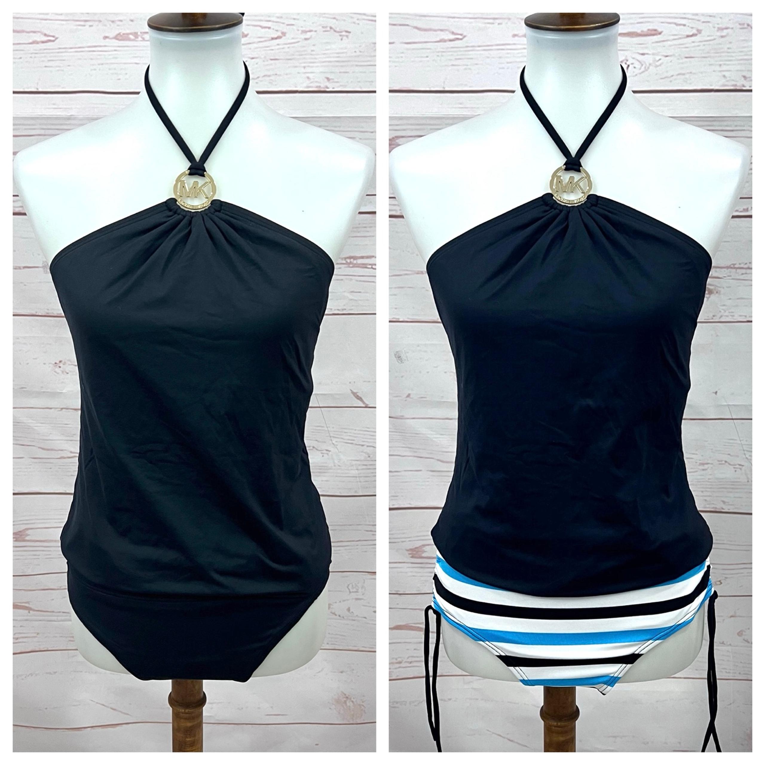 Michael Kors Metal Logo Halter Tankini Black Striped Nautical 3 pc Swimsuit