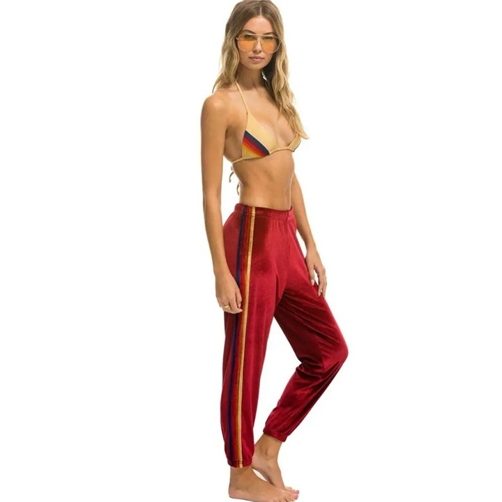 AVIATOR NATION Striped Velvet Velour Jogger Sweatpants Red Women's XL 5 Stripe