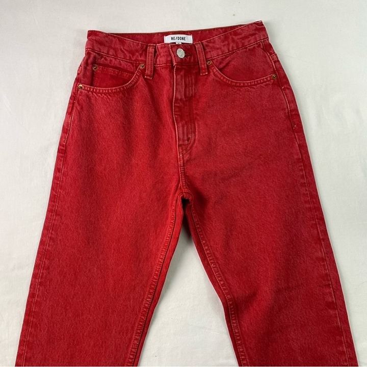 Re/Done Womens Red Cotton Solid High Rise Frayed Cuffs Straight Leg Jeans Size25