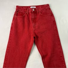 Re/Done Womens Red Cotton Solid High Rise Frayed Cuffs Straight Leg Jeans Size25