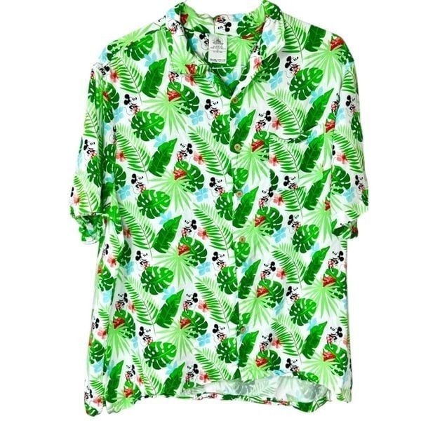 Disney Mickey Mouse Tropical Camp Resort Hawaiian Print Woven Button Front Shir