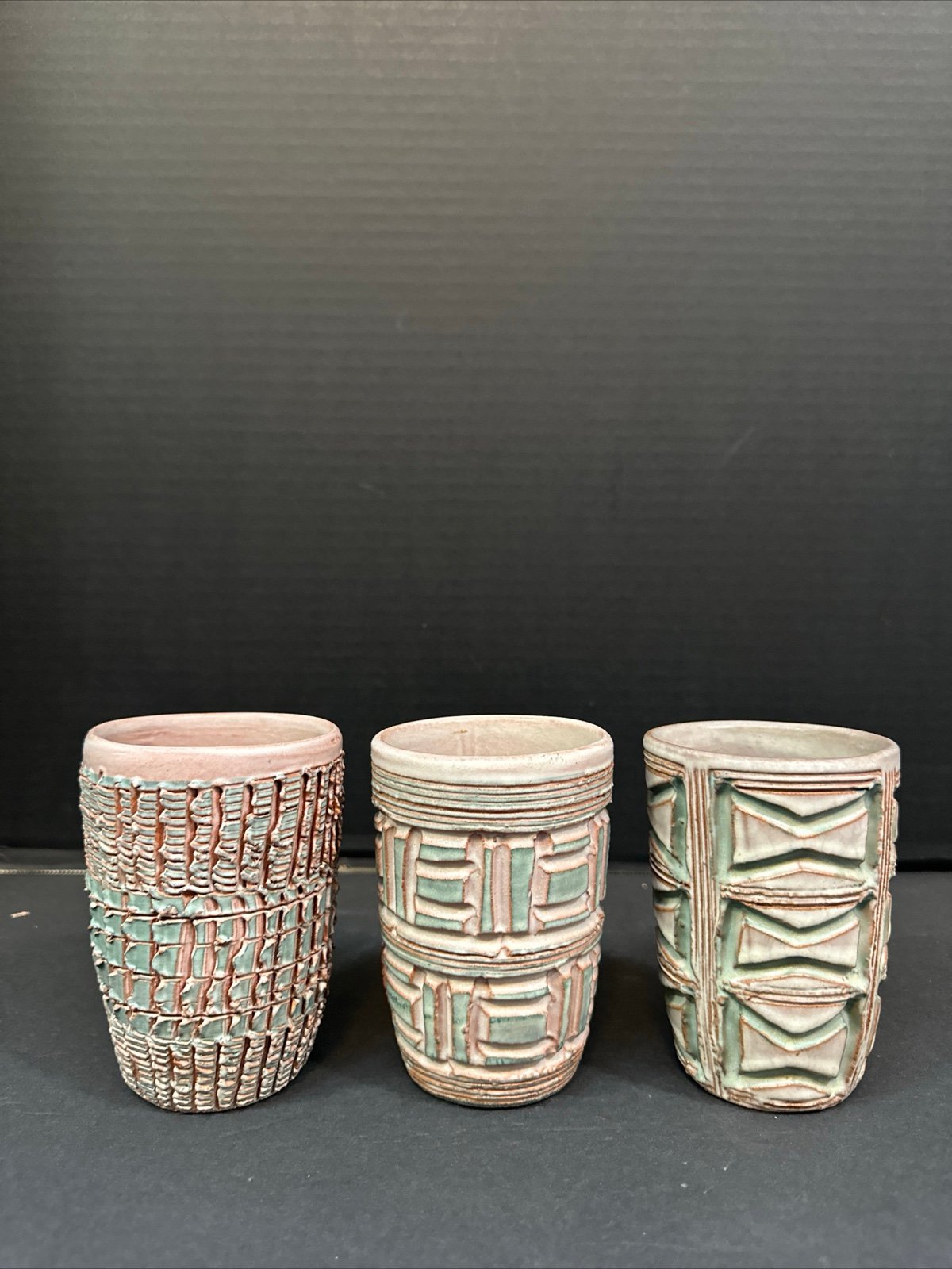 Vintage Puerto Rician Pottery Hal Lasky Sgraffito Tumblers Set of 3