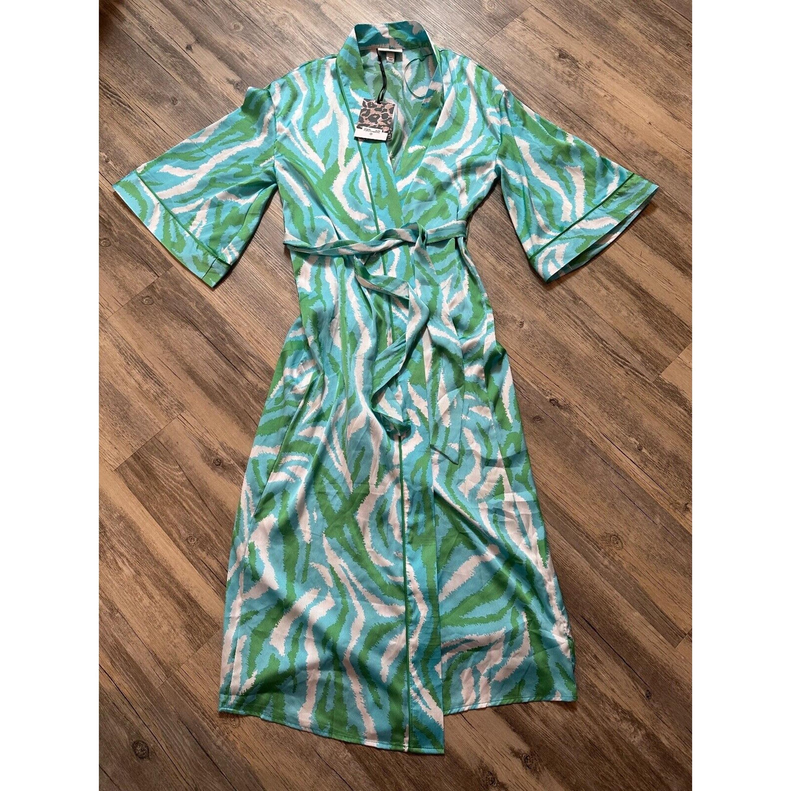 DVF x Target Diane Von Furstenberg Long Satin Disco Zebra Green Robe Size XXS