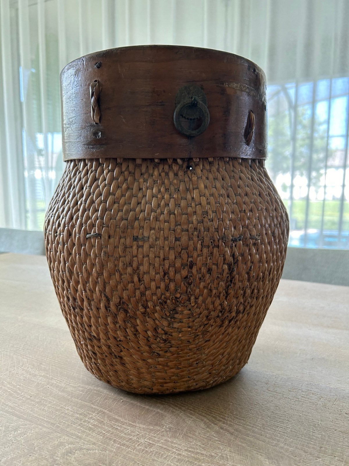 basket vase antique woven willow with wooden detail brown 14”H