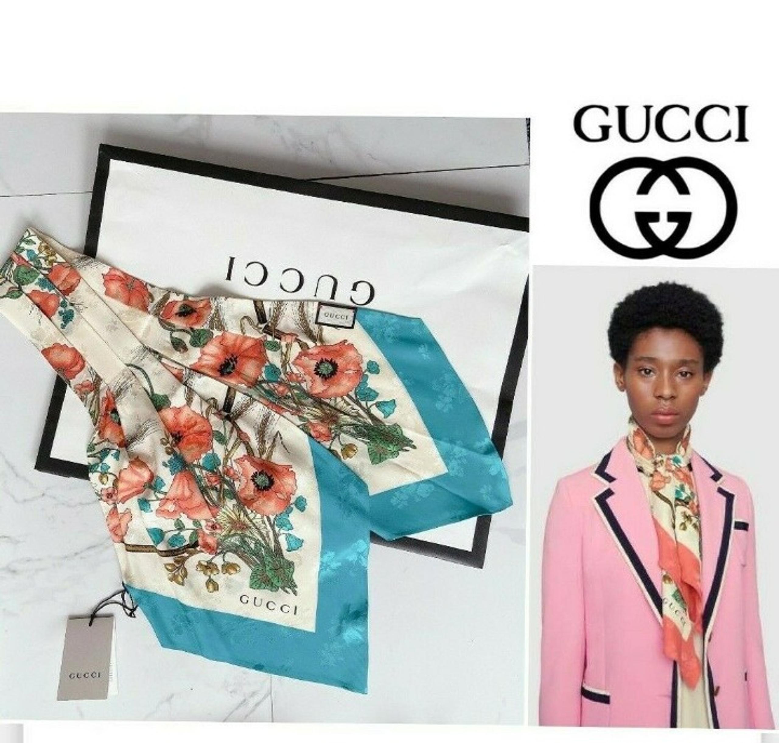 GUCCI Flower Patterns Silk Logo Scarf