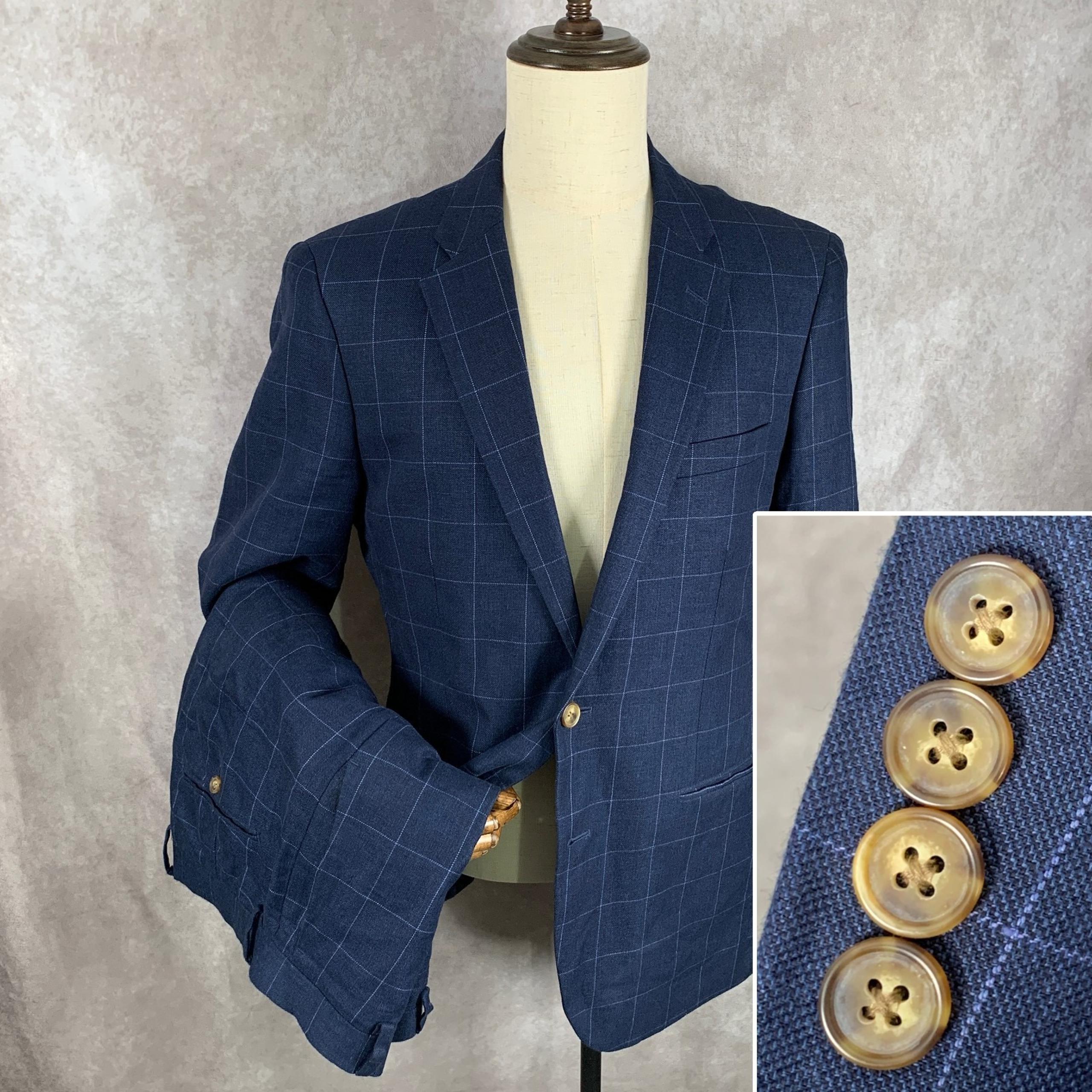 J Crew Thompson 2 Piece Suit Men 42R Linen Blue Windowpane 33x30 Slim Fit