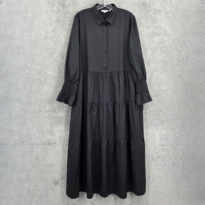 Chicos Tiered Maxi Shirt Dress 3 16 Solid Black Long Sleeve Gothic Witchcore New