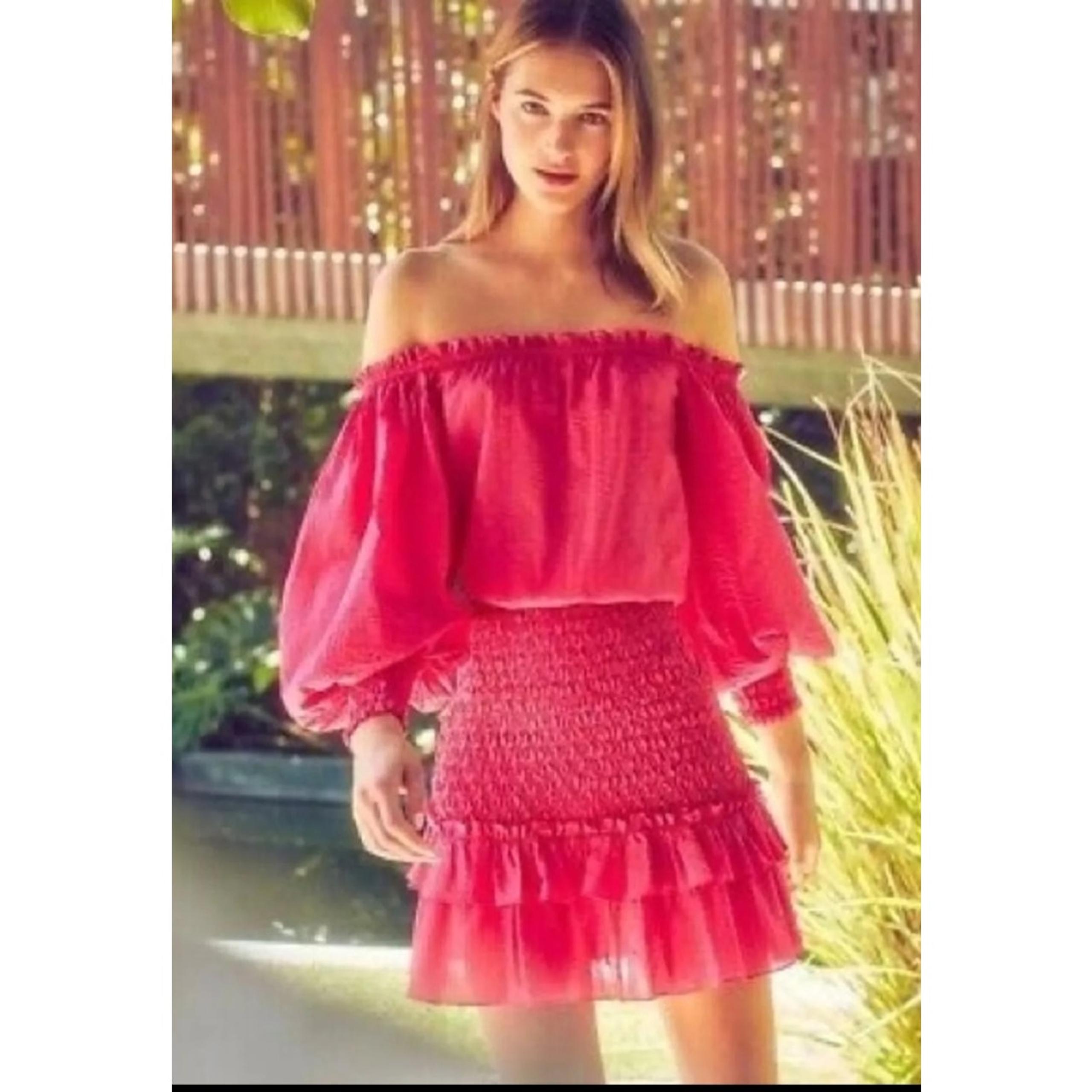 Alexis Marilena pink and orange polka dot smocked ruffled off shoulder dress L
