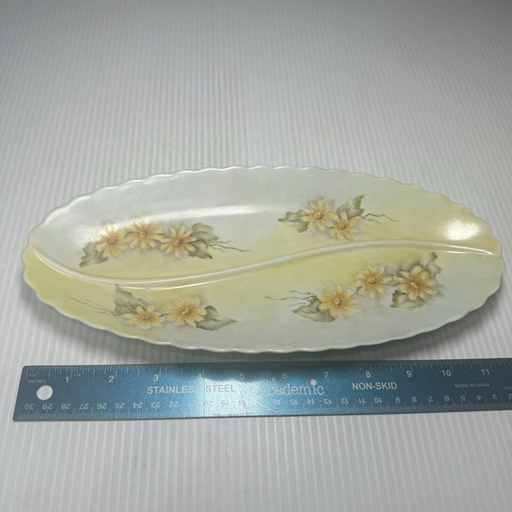 Vintage Divided Relish Tray Pink & Green Signed By Artist MWCD 74