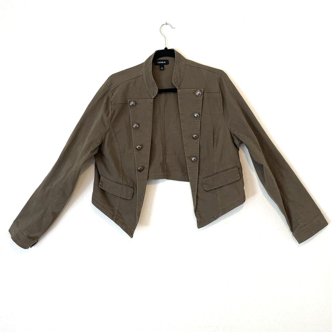 TORRID Green Military Jacket 1X Plus Size Cropped Big Buttons Crop Morel Coat