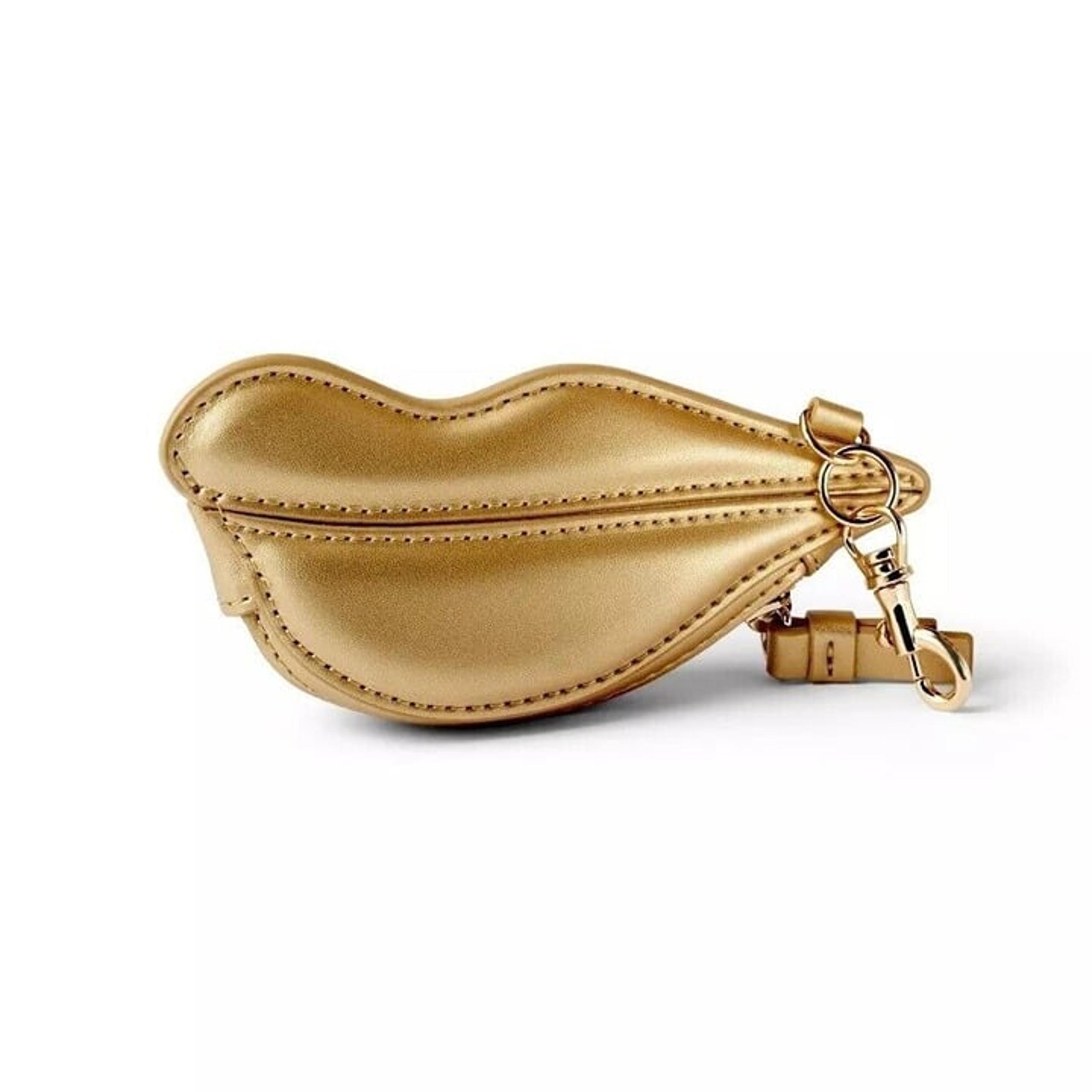 Diane Von Furstenberg Iconic Lips Gold Zippered Mini 5.25" Purse w/ Clasp Hook