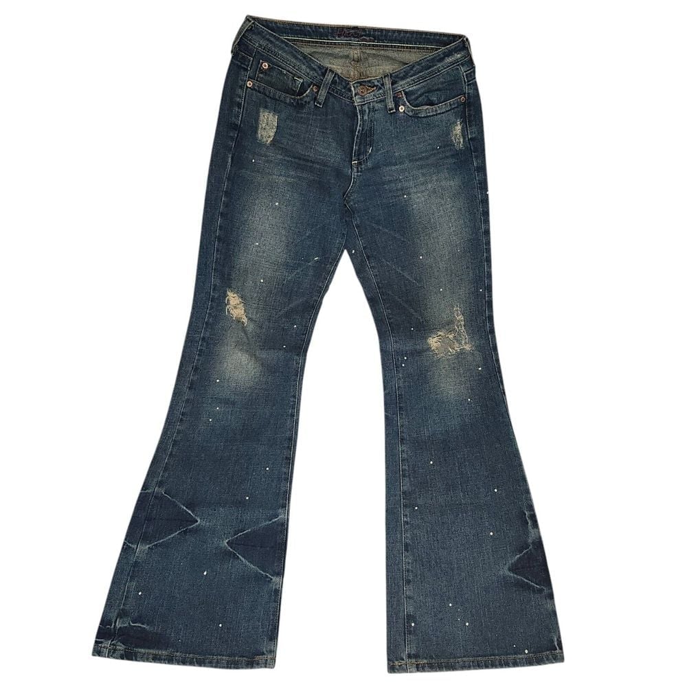 HINT Women's Distressed Wide Leg Y2K Bleached Splatter Paint Blue Jeans Size 11