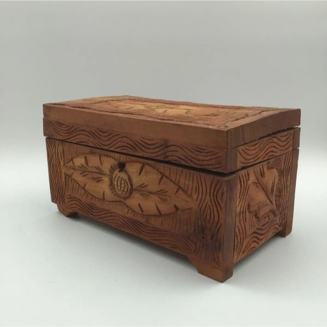 Vintage Hand Carved Wooden Trinket Box with Key
