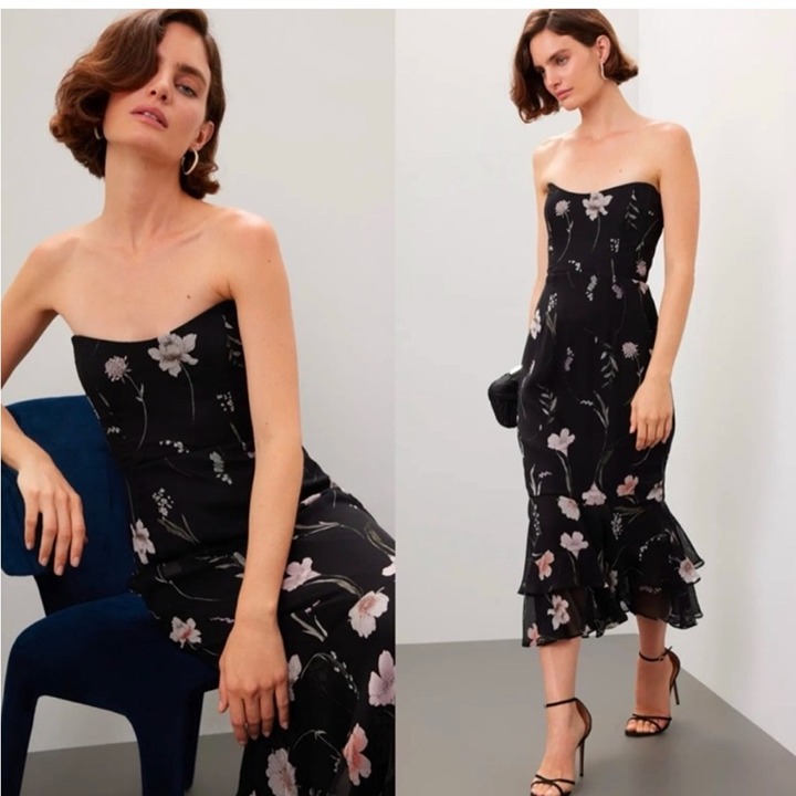 Katie May Nami Gown Dress Size Small Black Midi Floral Ruffle Dress Strapless
