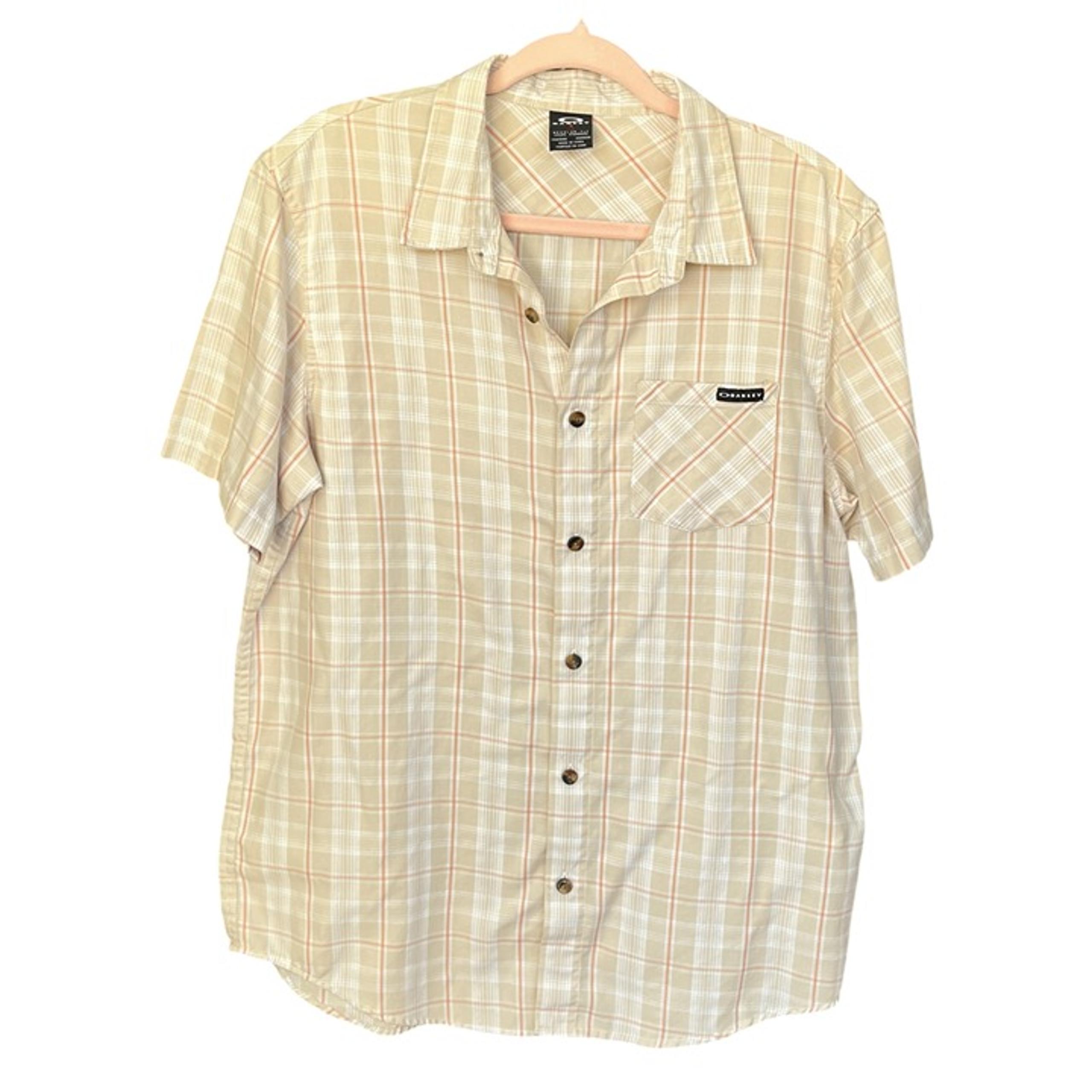 Oakley Mens Short Sleeve Button Up Shirt Size L Regular Fit Beige Plaid Preppy