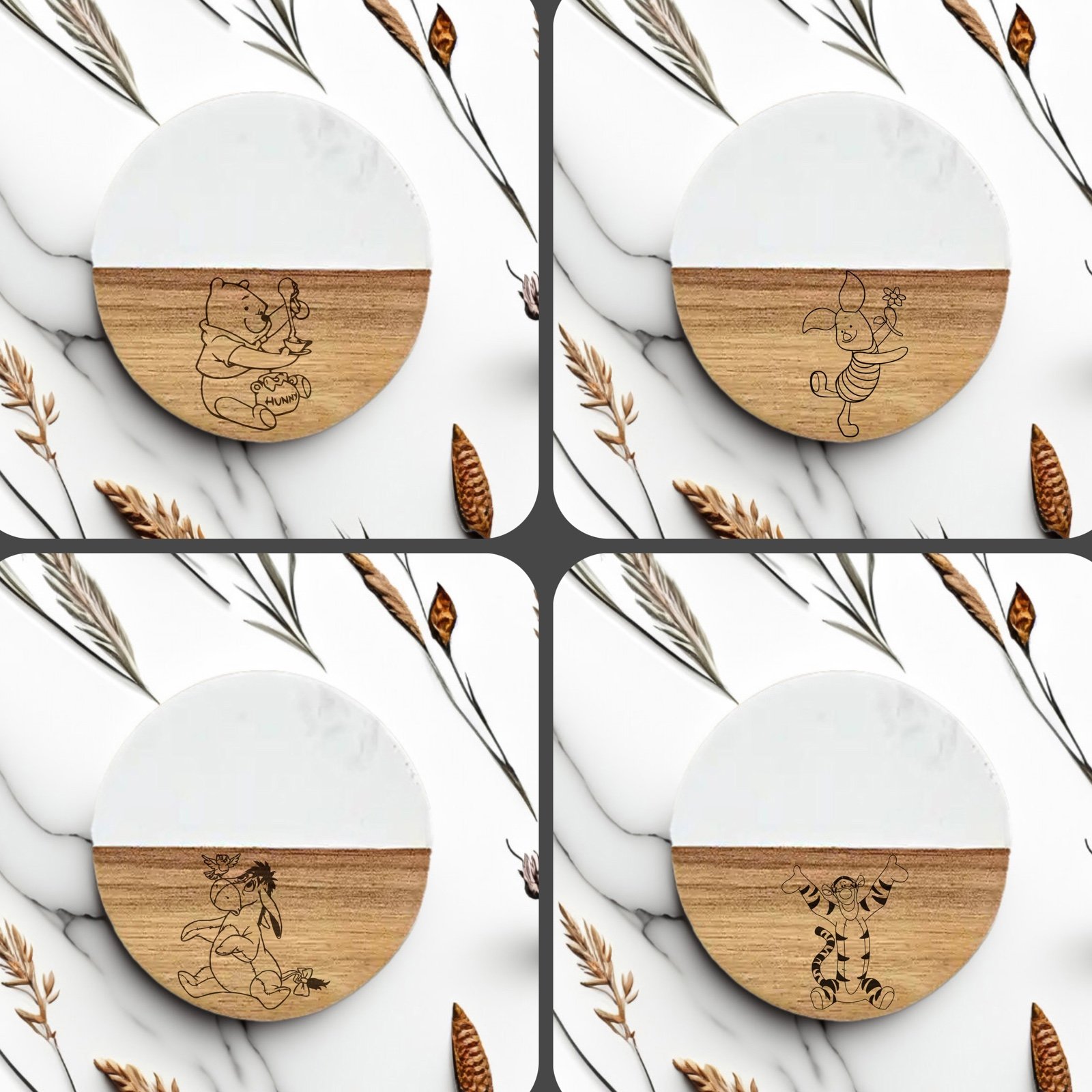 Winnie the pooh set 4 engraved coasters high quality marble and acacia wood