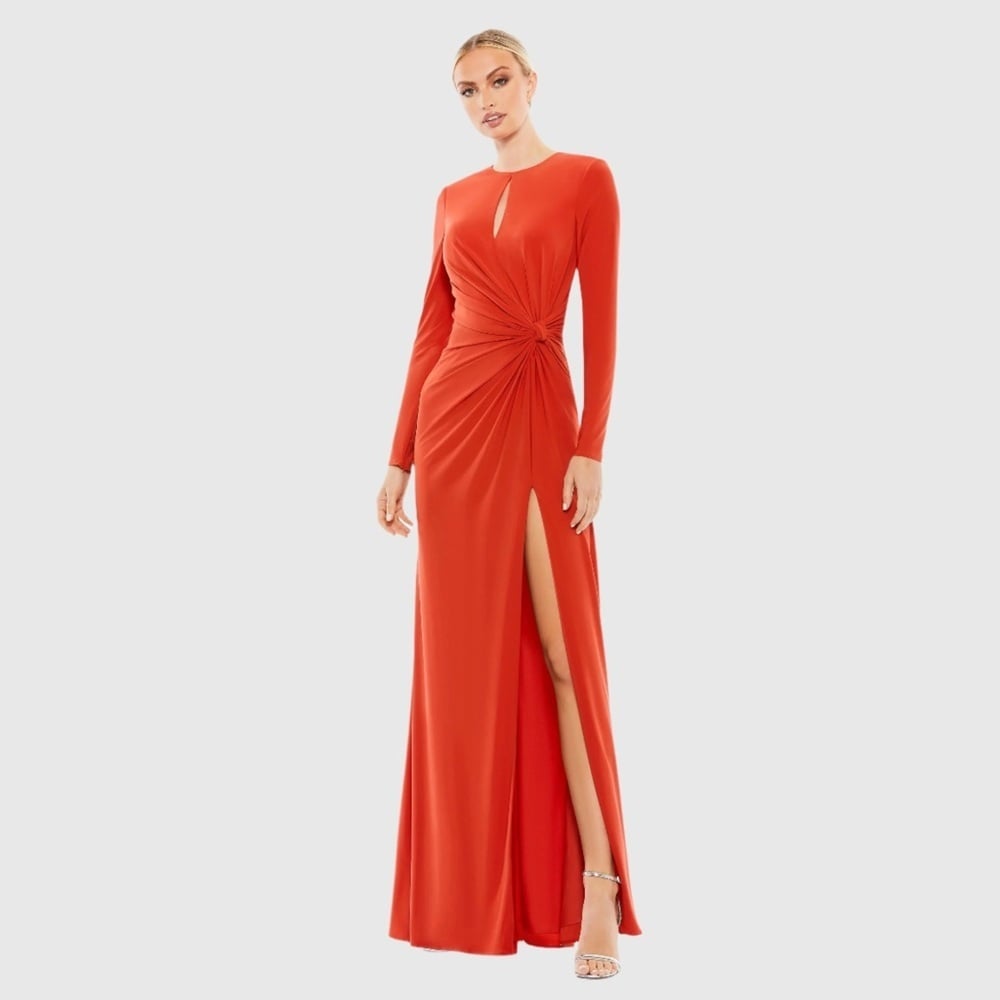 Size 10 Mac Duggal 55708 NWT LONG SLEEVE KEYHOLE DRAPED GOWN in Brick