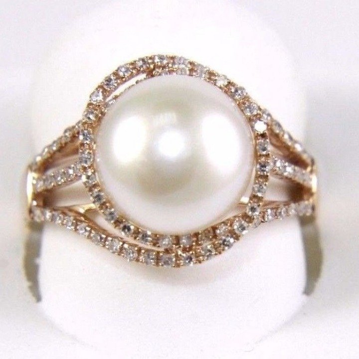 Round Pearl & Diamond 14k Gold Ring 10mm