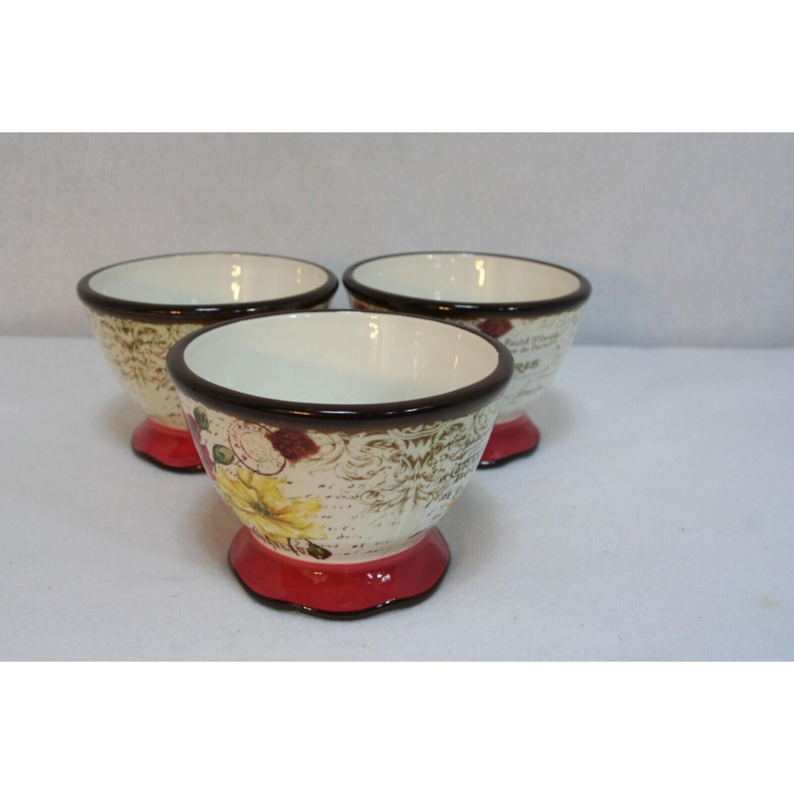 Pier 1 Imports Earthenware Le Fleur Red Yellow Poppies Dessert Footed Soup Bowls