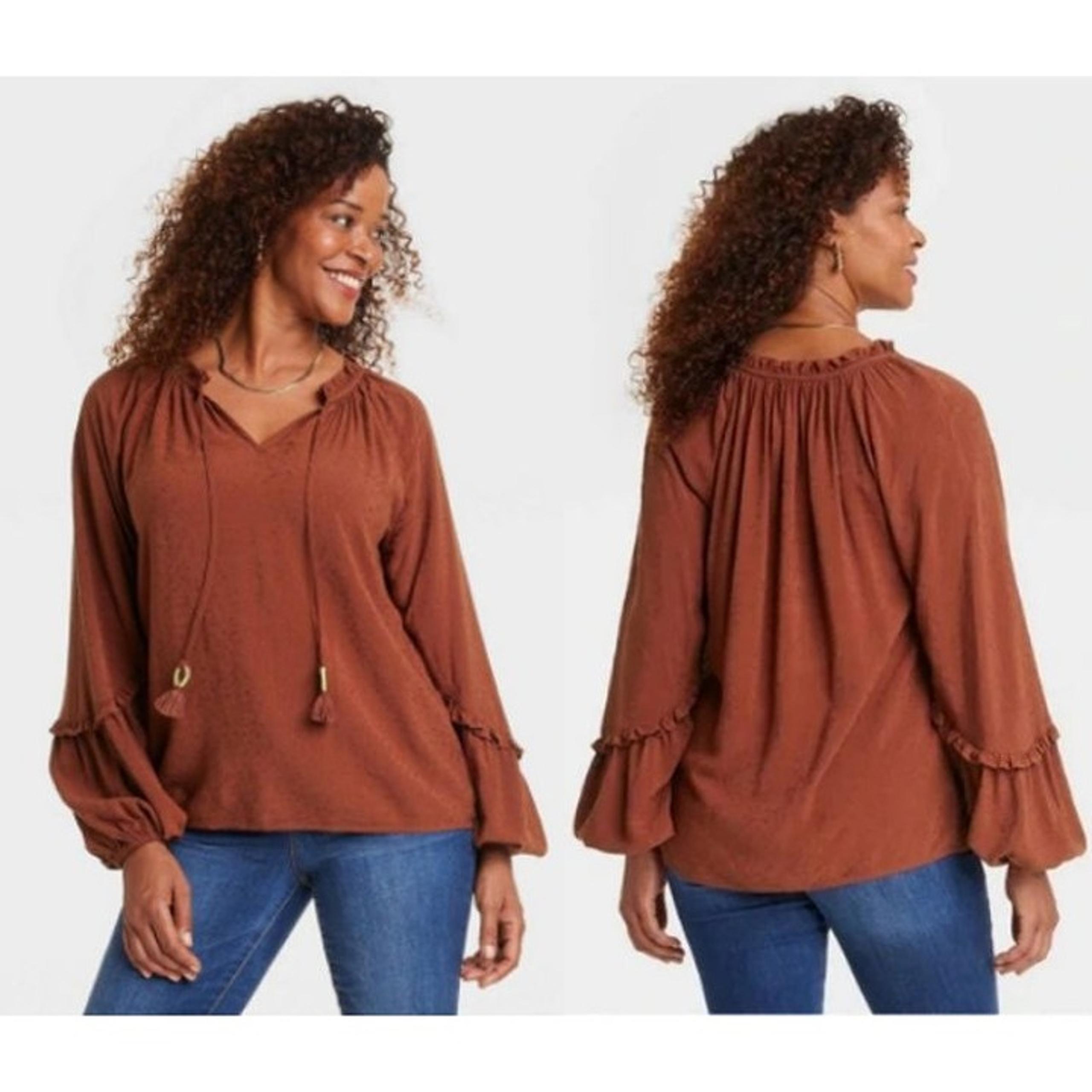 Knox Rose Women's Balloon Long Sleeve Blouse Brown XL