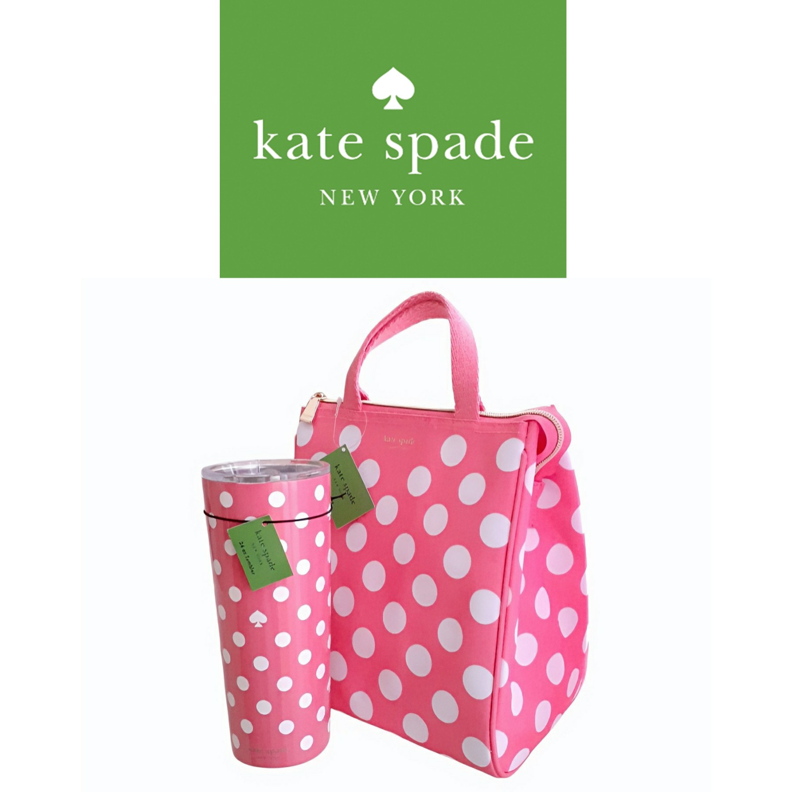 New! Kate Spade New York Pink Dot Lunch Bag & Tumbler, Kate Spade Pink Polkadots