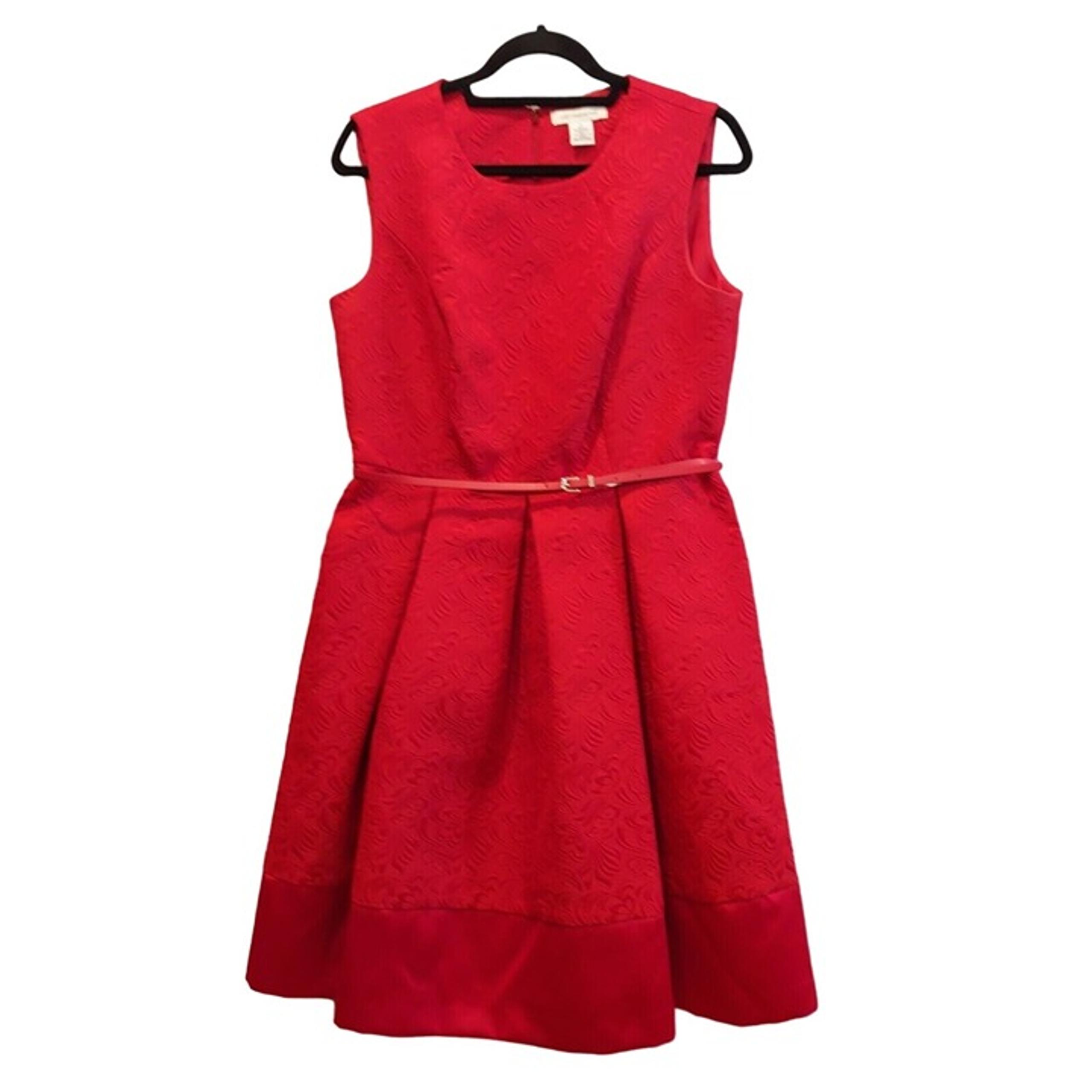 Liz Claiborne Dress Womens12 Red Formal Sleeveless Embossed belt pleated Satin h