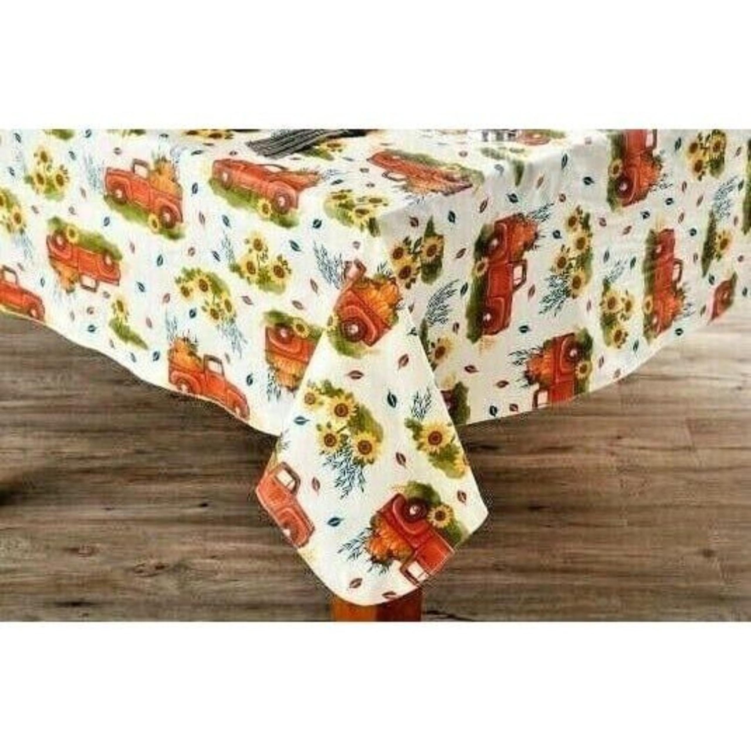 Red Trucks and Pumpkin Harvest Tablecloth 52 x 90-inch PEVA Fall Sunflowers NIP