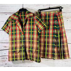 Vintage Plaid Jacket Skirt Set Handmade 1960s or 1970s Retro Green Red Yellow