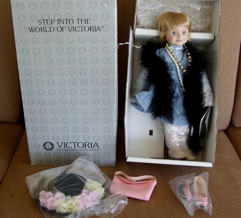 Musical Porcelain Doll NOS Victoria Impex 14 Inch Blonde Hair Blue Eyed Doll