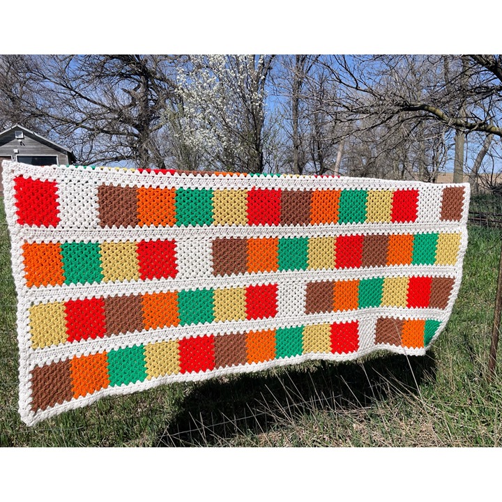 Vintage 1970s Crochet Afghan Square Blocks Orange Green 74x46 Boho Retro