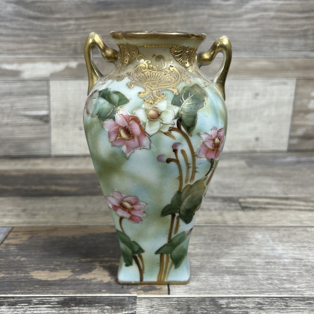 Antique Nippon Je-OH Hand Painted China Vase With Pink Flowers & Gold Trim
