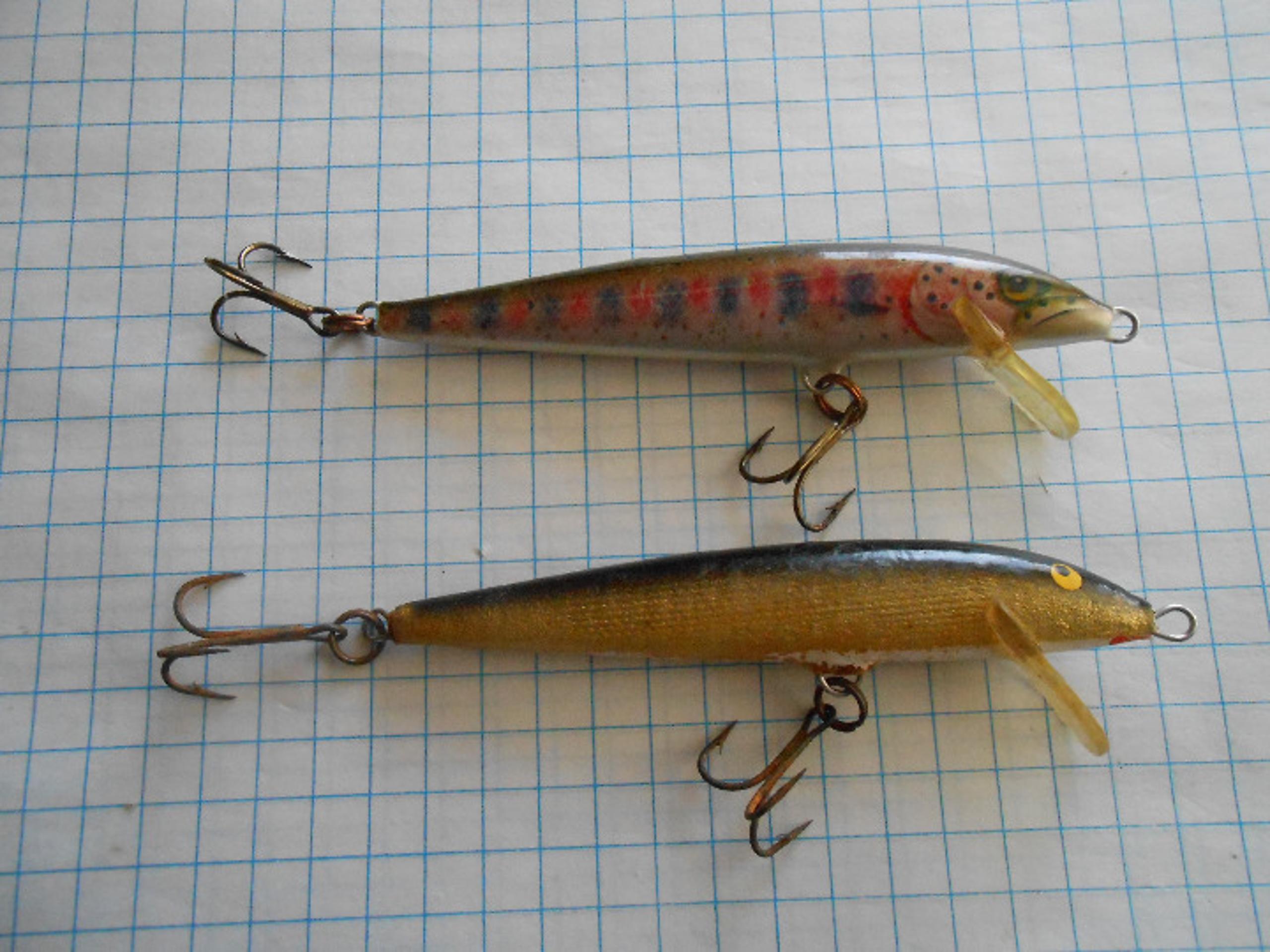 (LOOK!) VGC 2 LOT VINTAGE RAPALA F-9, 3 1/4" FLOATING TOPWATER MINNOWS (FINLAND)