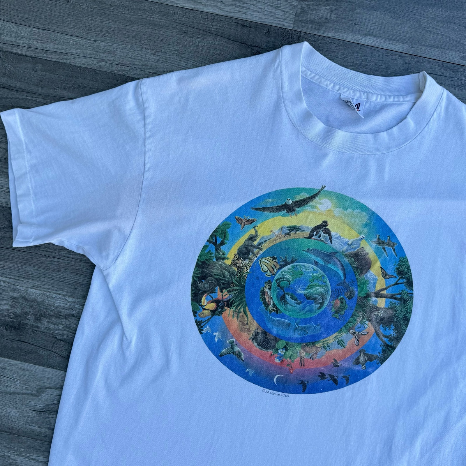 Vintage 90s Human-i Animals Circle Nature T-Shirt Single Stitch Size XL