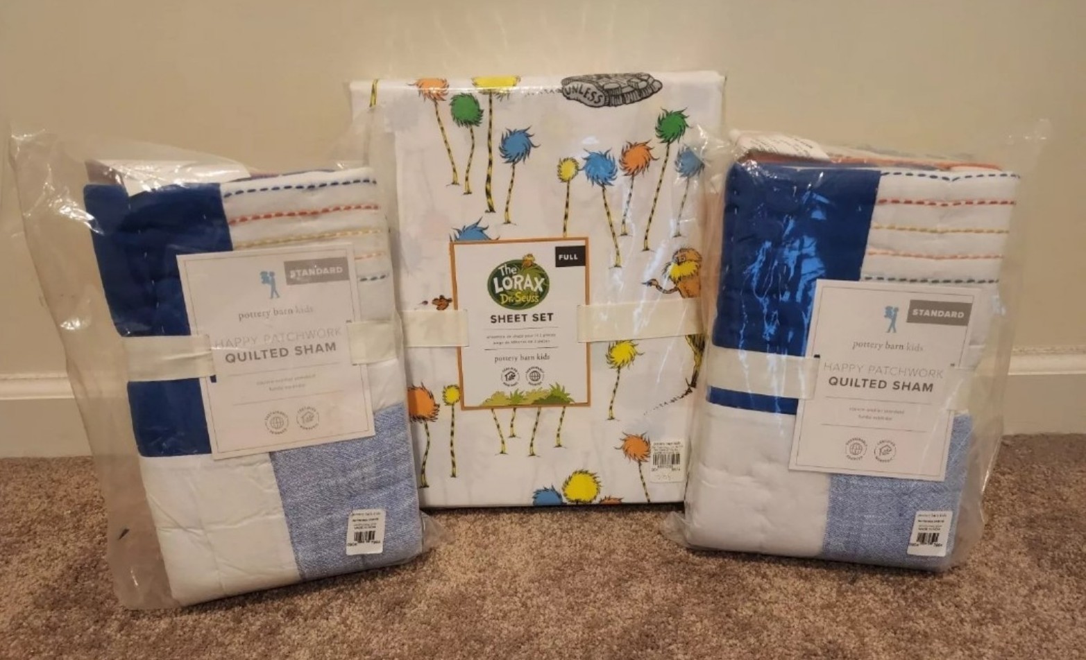 Pottery Barn Kids Dr Seuss The Lorax Happy Patchwork Sheet Set & Pillow Shams