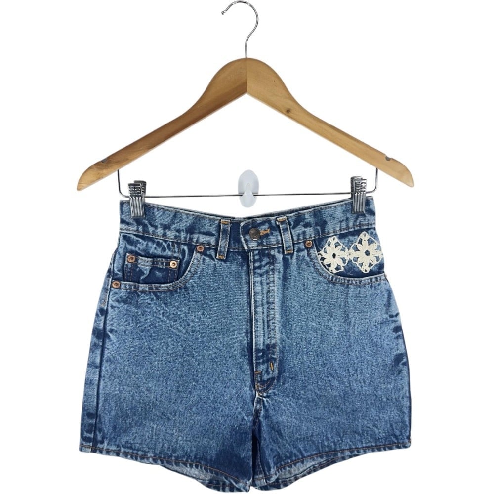 Vintage Acid Wash Denim Shorts Crochet Applique High Waist Cute Size 26