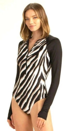 TRINA TURK VIVANT STRIPE LONG SLEEVE 1PC SWIM PADDLE SUIT RASHGUARD XL NWT