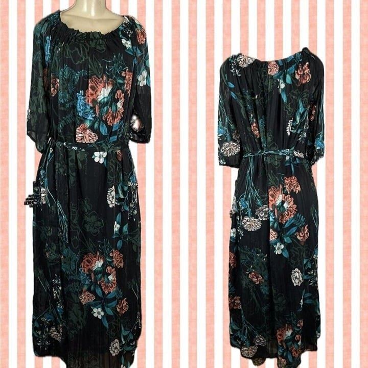 Roaman's 22/24 Black Floral Metallic Lined On/Off Shoulder 3/4 Sleeve Maxi Dress