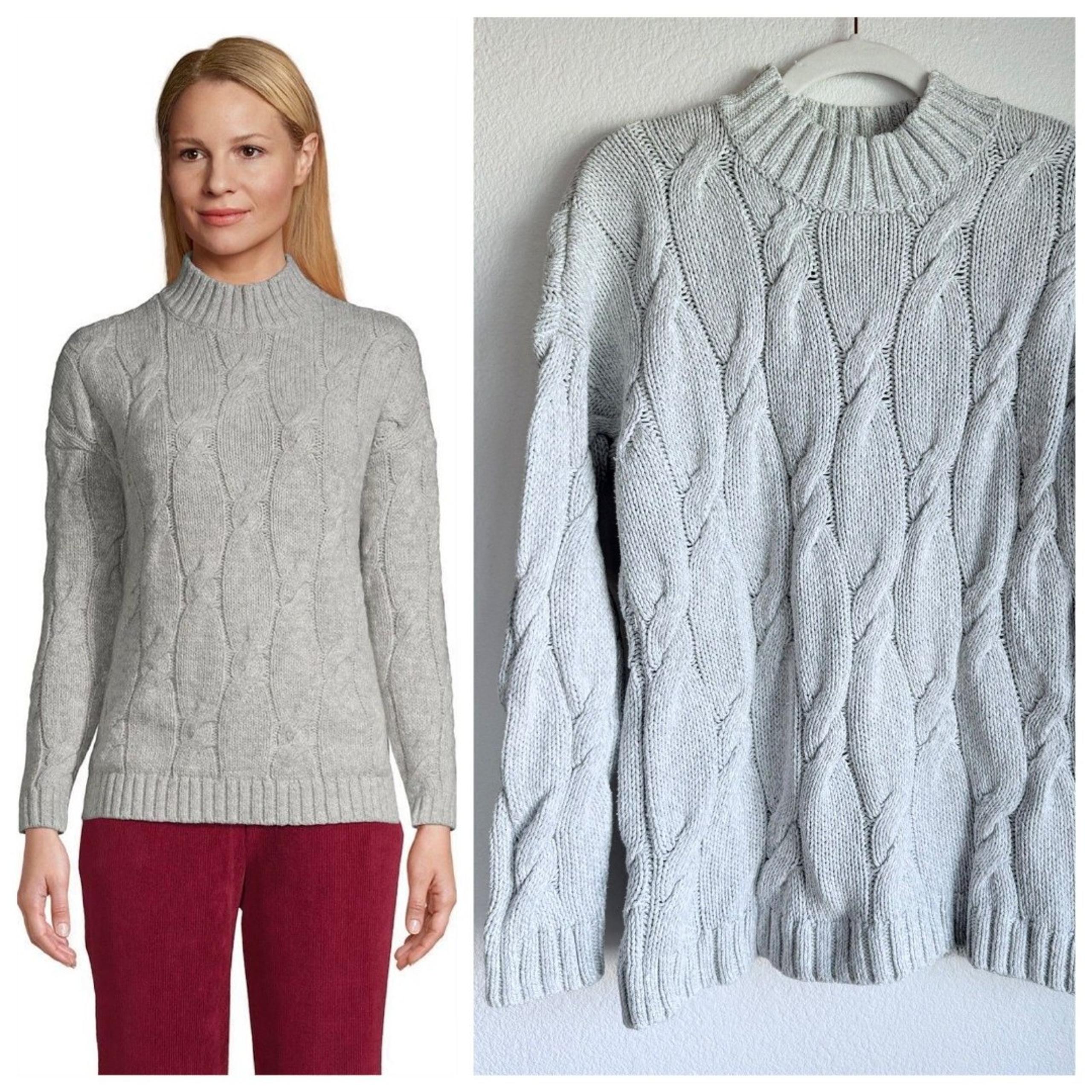 Lands End Womens Cotton Blend Cable Knit Mock Neck Pullover Sweater in Gray Marl