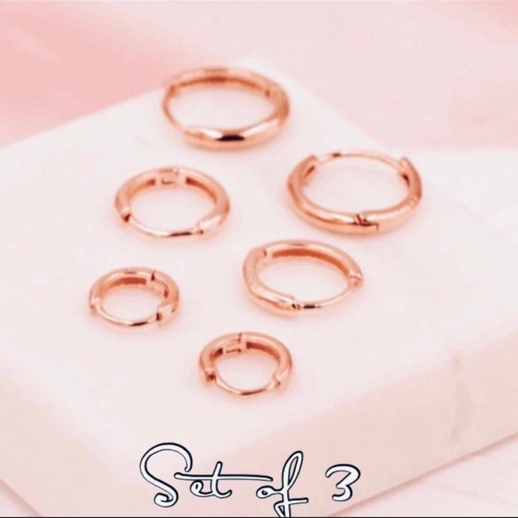 14K Rose Gold Huggie Hoop Earrings - Set of 3