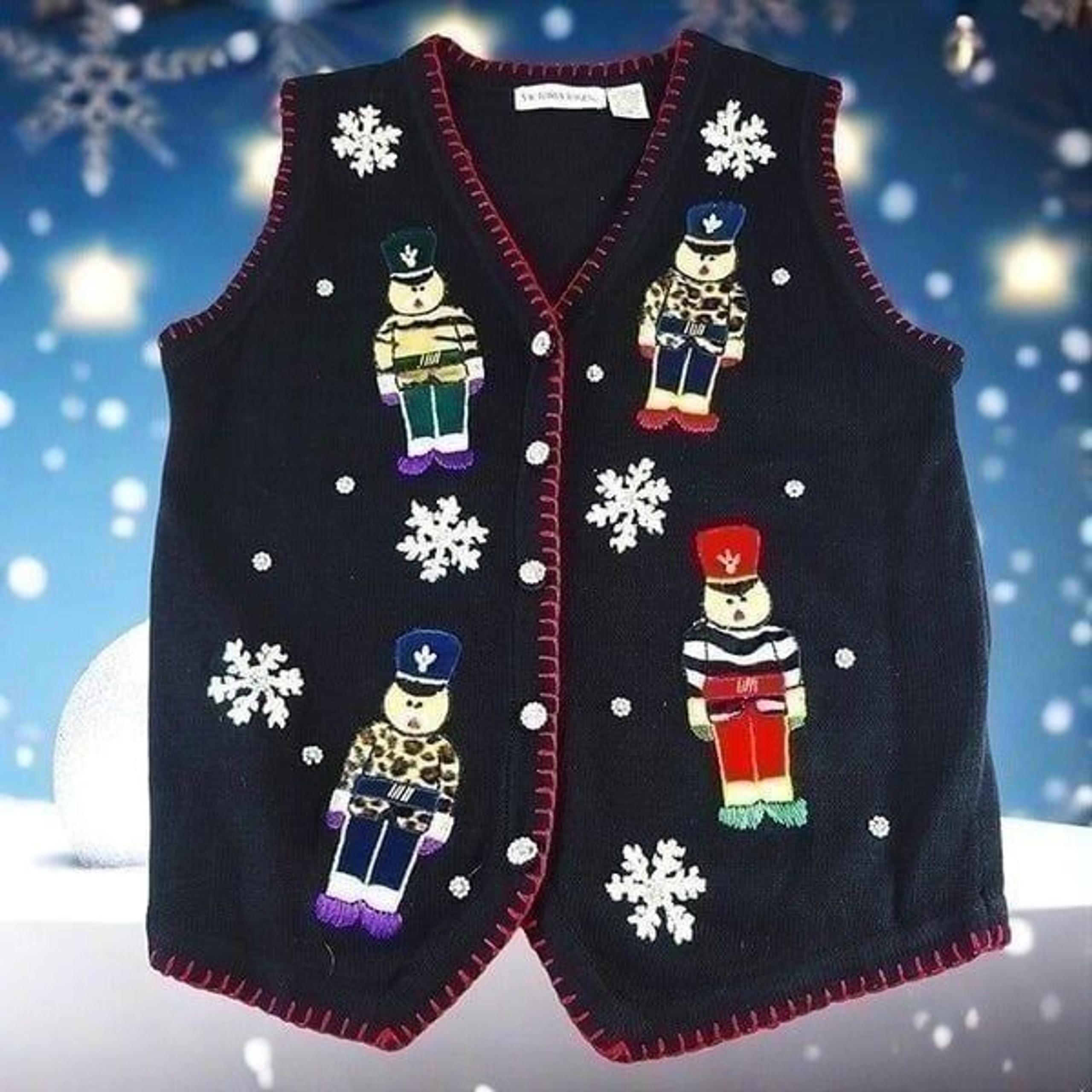 Victoria Jones Christmas Toy Soldier snowflake holiday vintage 90s sweater vest