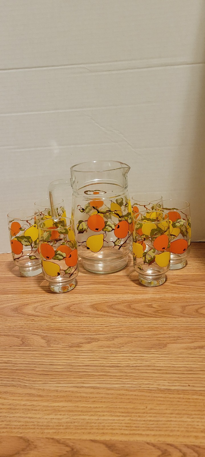 Vintage/Retro Glass Jug & 6 Glasses | Orange & Lemon Fruit Design